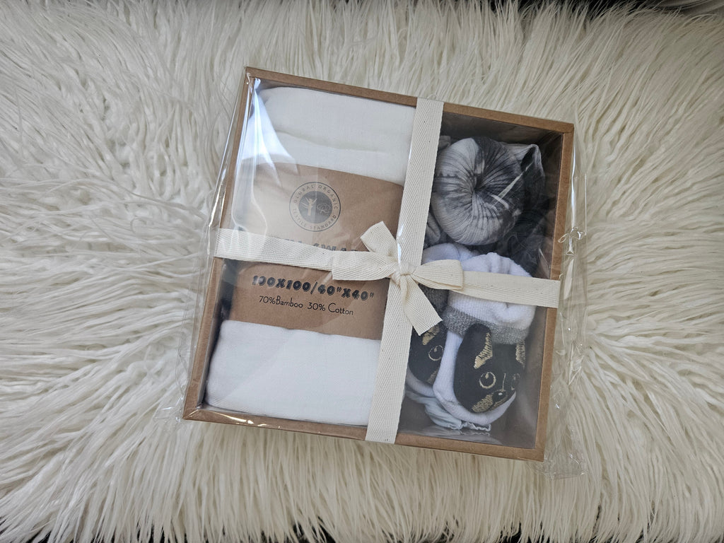 Newborn Gift Box — Organic Bamboo Swaddle & Animal Socks Set