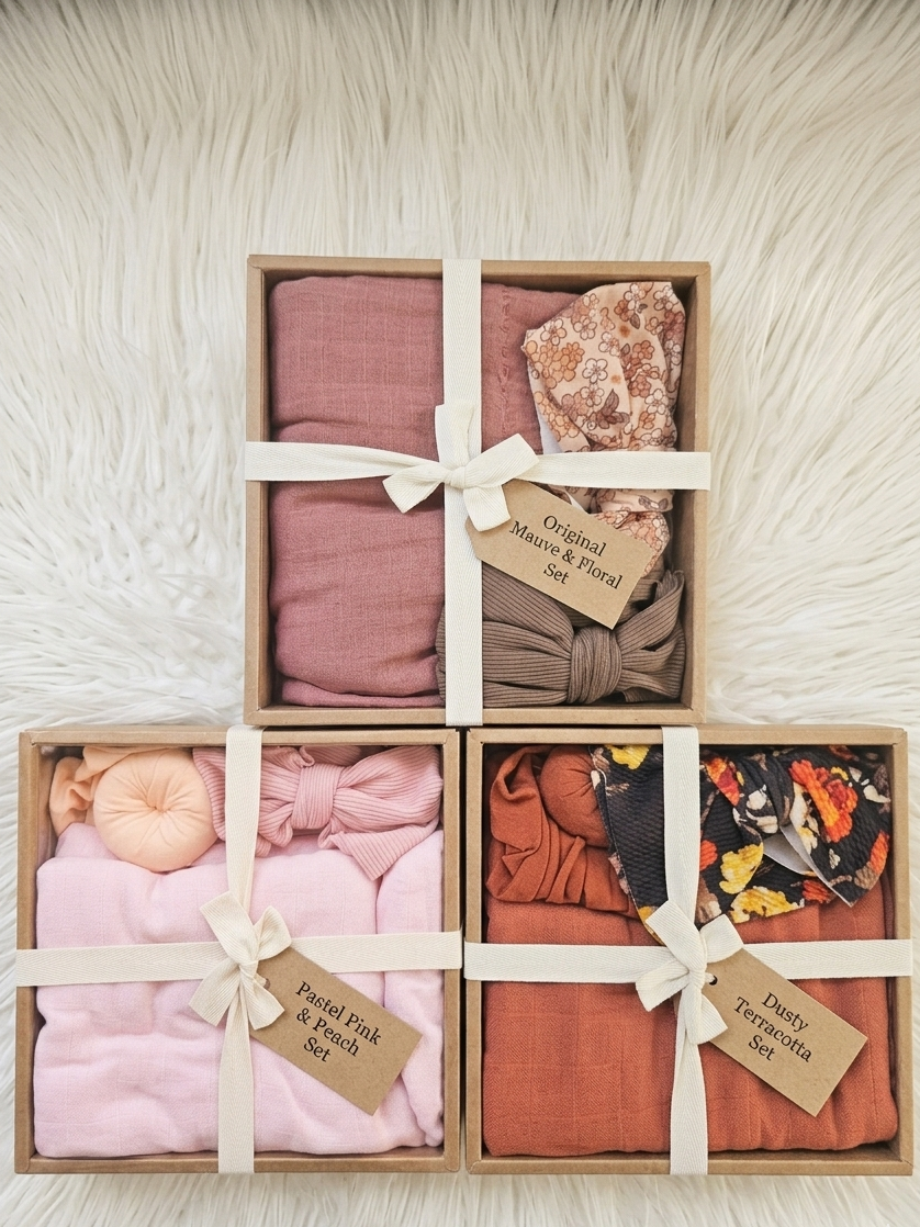 Set of baby clothes in wooden boxes with tags on a textured white surface