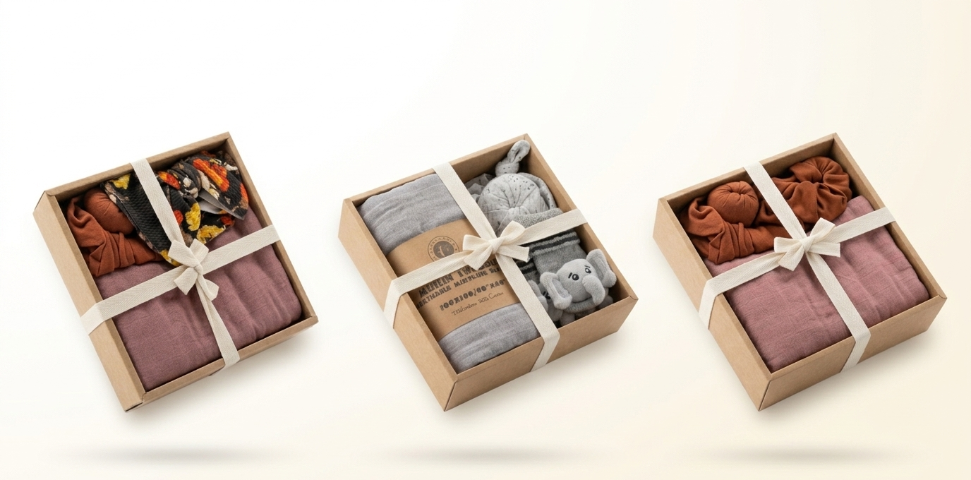 Three gift boxes containing baby clothes and accessories on a white background
